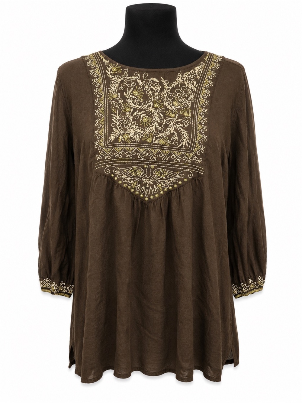 BROWN OLIVE GREEN SWEET MAGNOLIA BOHO LONG SLEEVE EMBROIDERED TOP